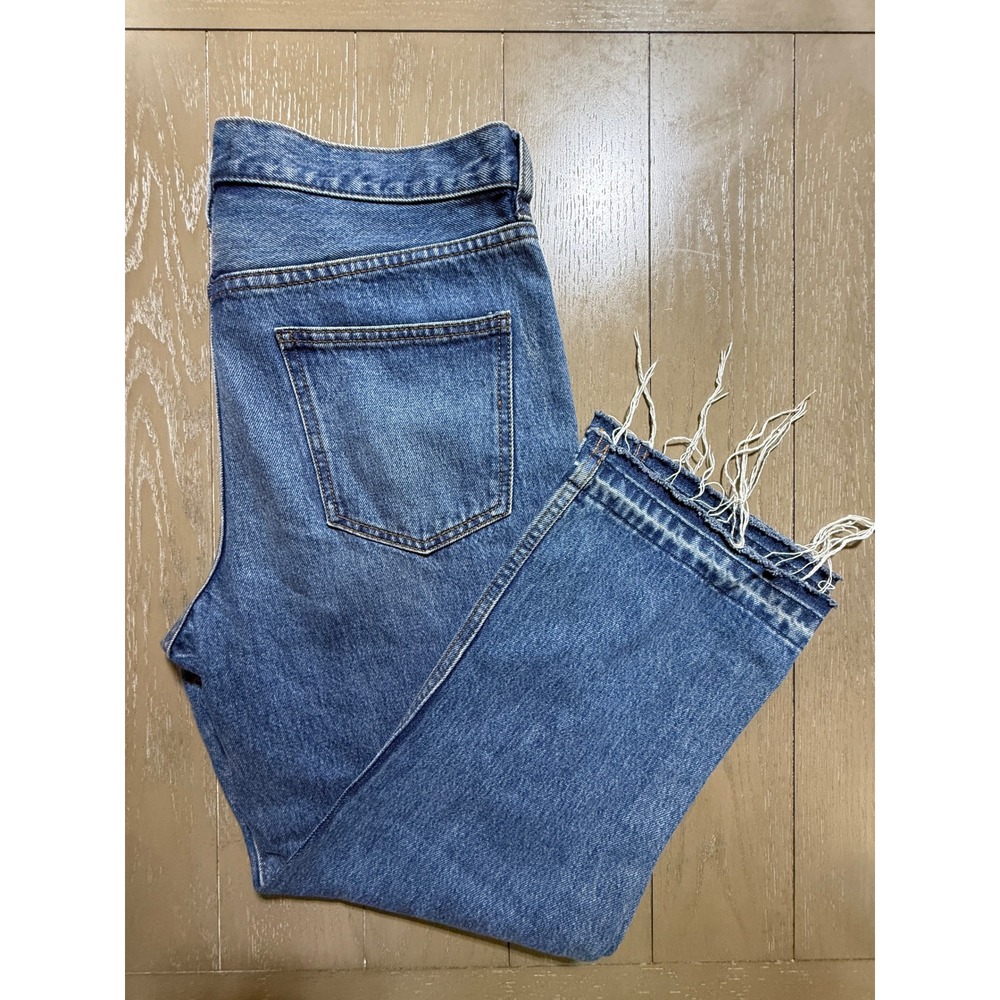 Free People Cropped Straight Leg Blue Distressed Jeans Size 31 Edgy Grunge Y2K